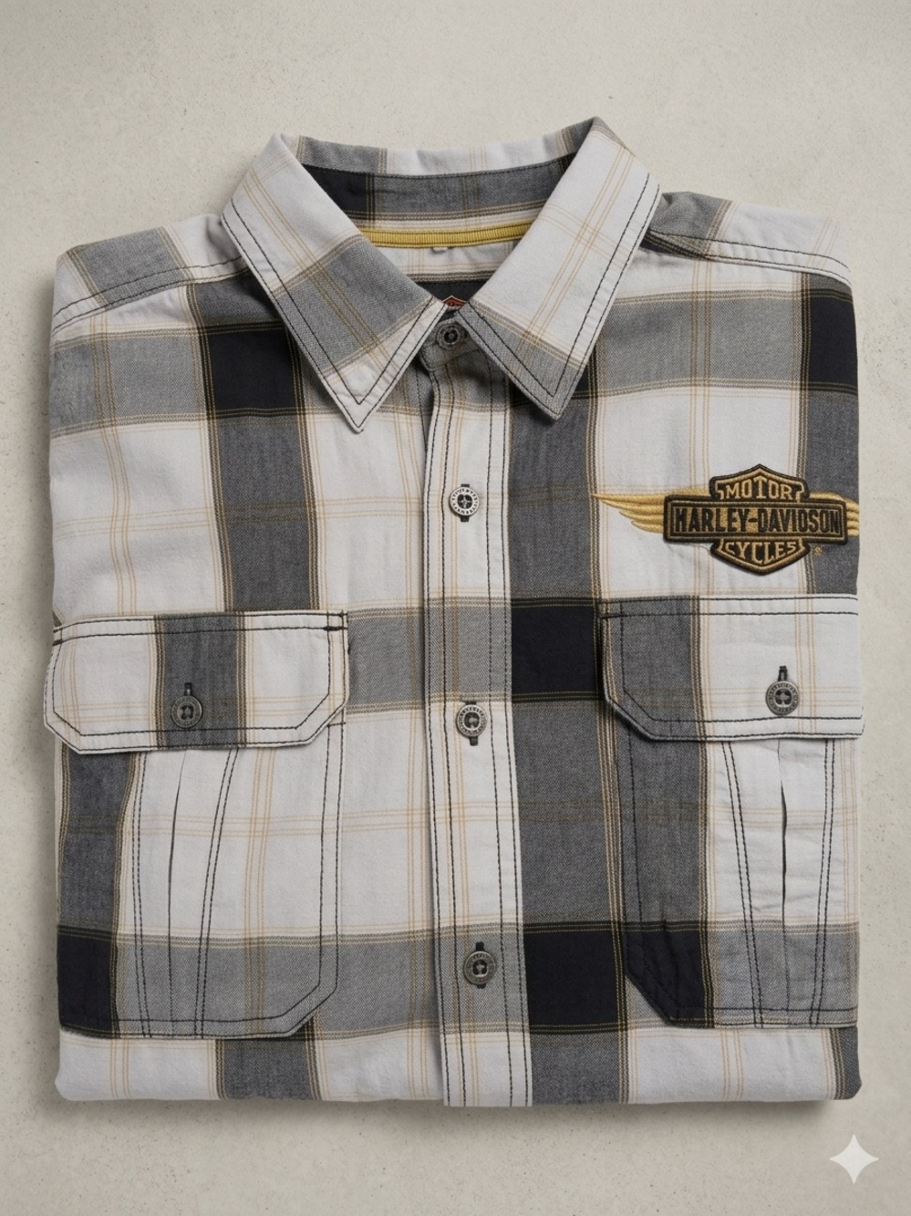 Harley-Davidson Men's Gray & Black Plaid Button-Up short sleeve Shirt size M